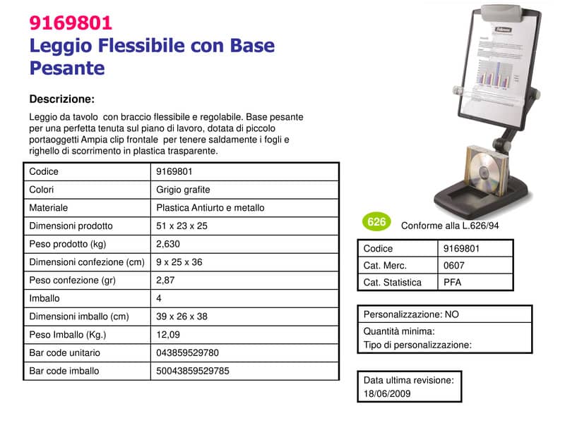 Leggio FELLOWES snodabile con base pesante plastica grafite capacità 150 fogli - 9169801