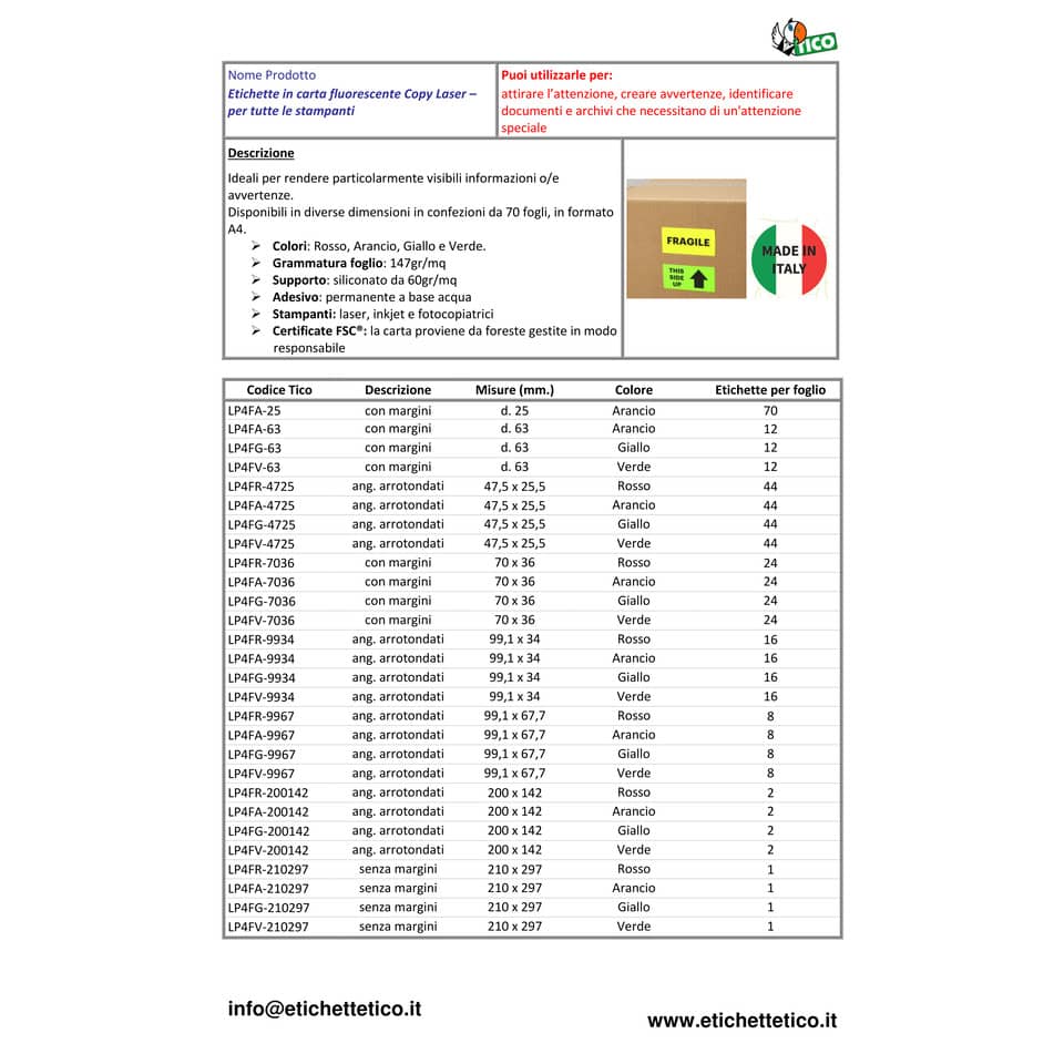 Etichette verde fluo senza margini TICO Copy Laser 210x297 mm - 1 et./foglio - conf. 70 fogli LP4FV-210297