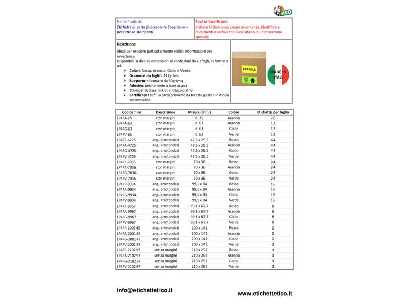 Etichette verde fluo senza margini TICO Copy Laser 210x297 mm - 1 et./foglio - conf. 70 fogli LP4FV-210297