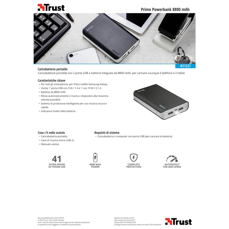 Caricatore portatile Powerbank 8800 Trust Primo nero 21227