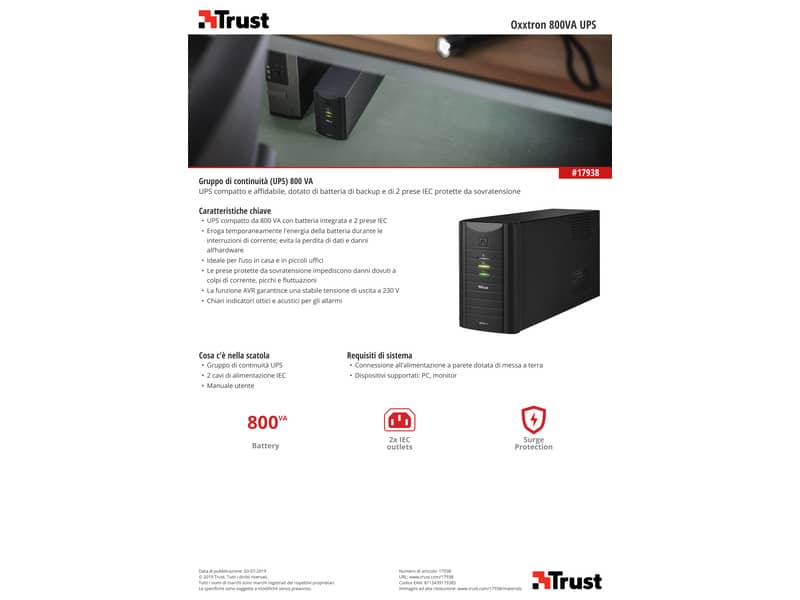 Gruppo di continuità da 800 VA UPS Trust Oxxtron nero 17938