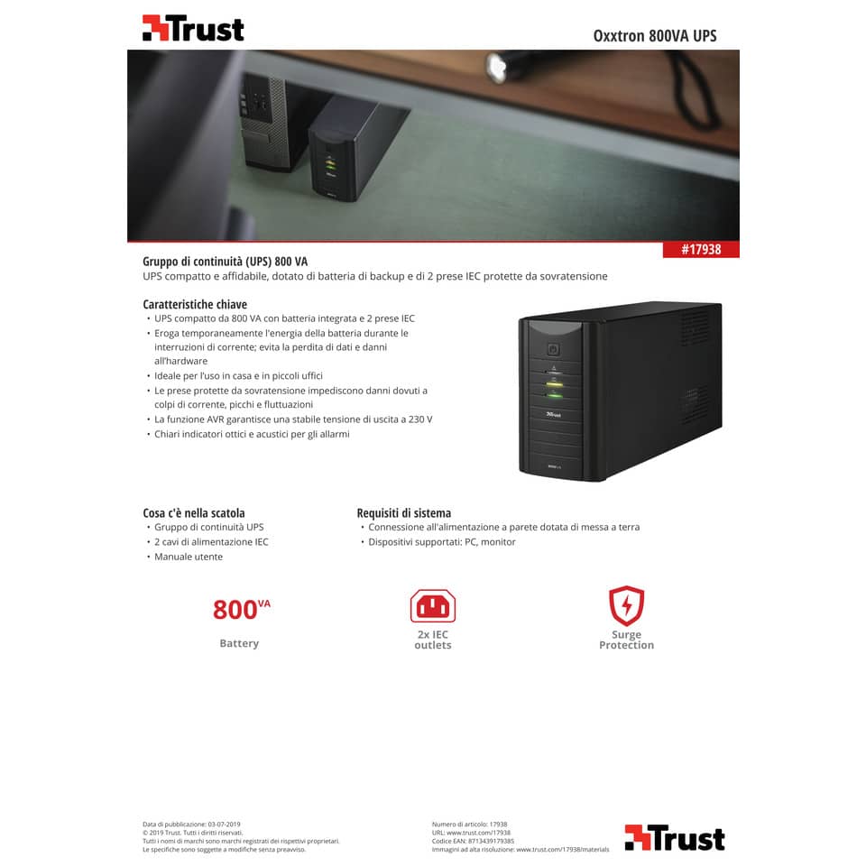 Gruppo di continuità da 800 VA UPS Trust Oxxtron nero 17938