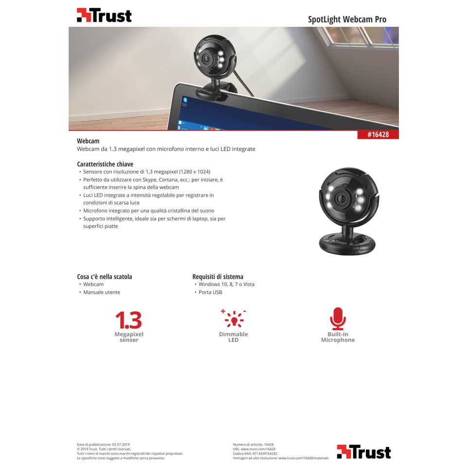 Webcam USB 2.0 1,3 megapixel con luci LED Trust SpotLight Pro nero 16428