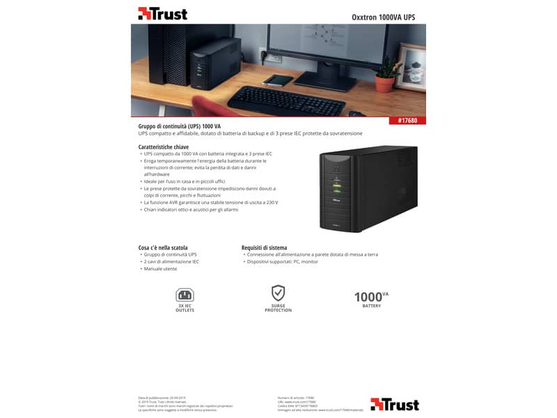 Gruppo di continuità da 1000 VA UPS Trust Oxxtron nero 17680
