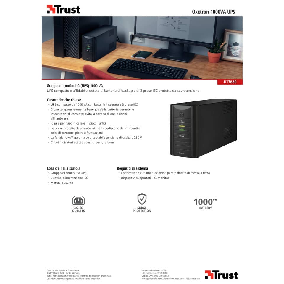 Gruppo di continuità da 1000 VA UPS Trust Oxxtron nero 17680