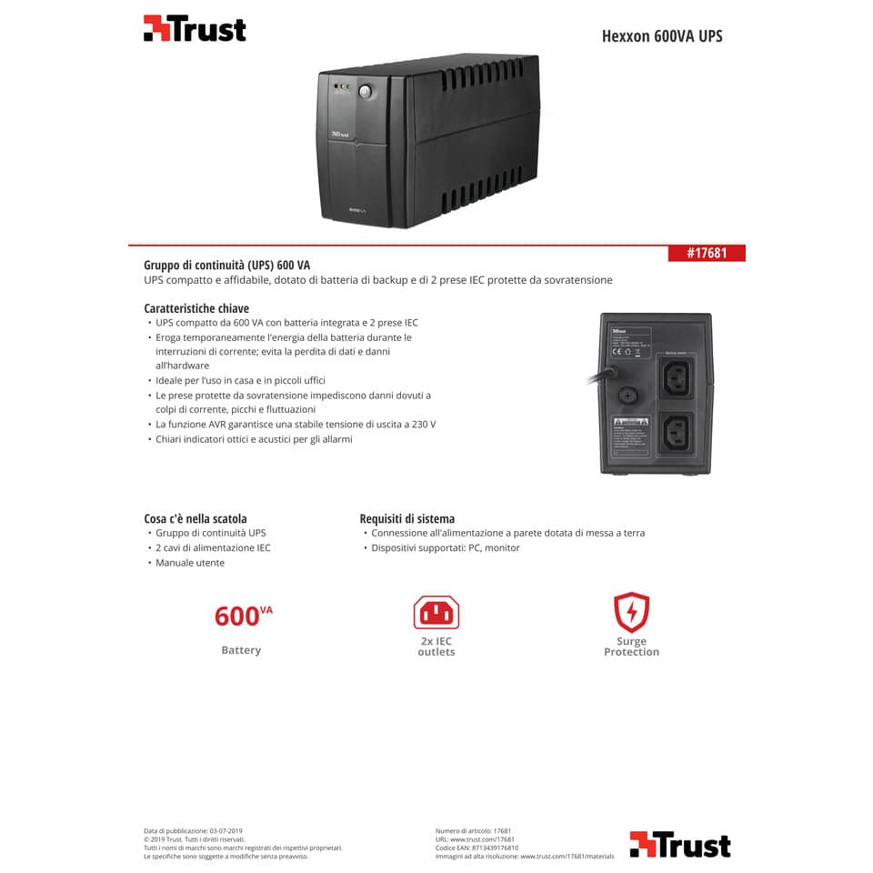 Gruppo di continuità da 600 VA UPS Trust Hexxon nero 17681