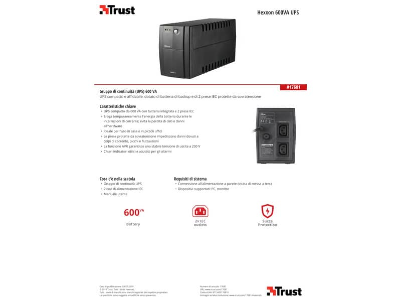 Gruppo di continuità da 600 VA UPS Trust Hexxon nero 17681