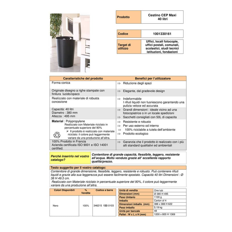 Cestino gettacarte Maxi 40 L CEP in polipropilene nero 1001330161
