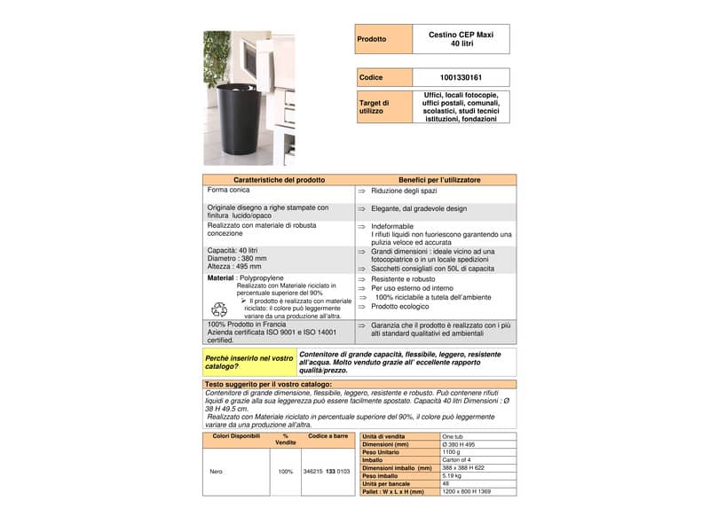 Cestino gettacarte Maxi 40 L CEP in polipropilene nero 1001330161