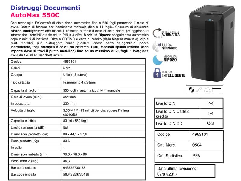 Distruggidocumenti uso moderati FELLOWES AutoMax™ 550C - P-4 - 83 L - taglio a frammenti 4x38mm - nero - 4963101