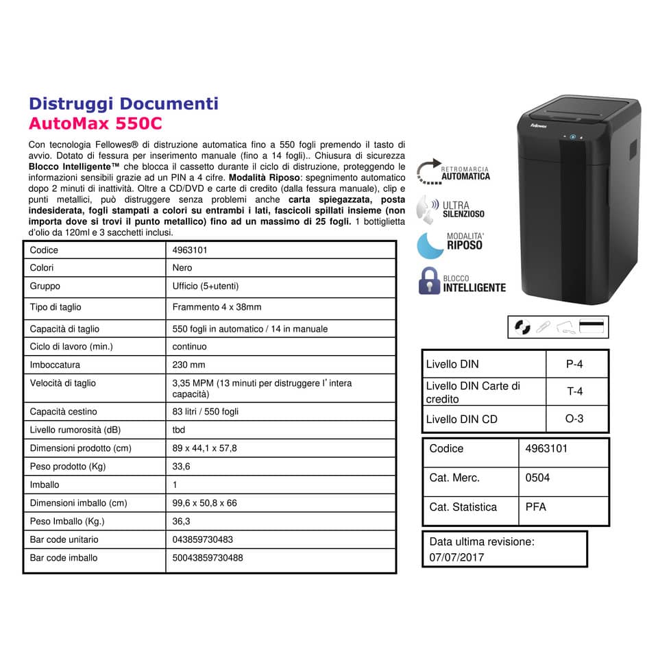 Distruggidocumenti uso moderati FELLOWES AutoMax™ 550C - P-4 - 83 L - taglio a frammenti 4x38mm - nero - 4963101