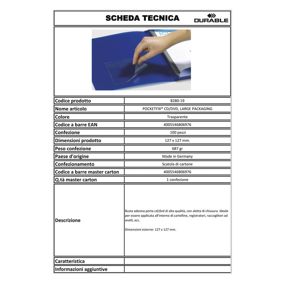 Buste adesive DURABLE POCKETFIX® CD/DVD trasparente 127x127mm conf. 100 - 828019