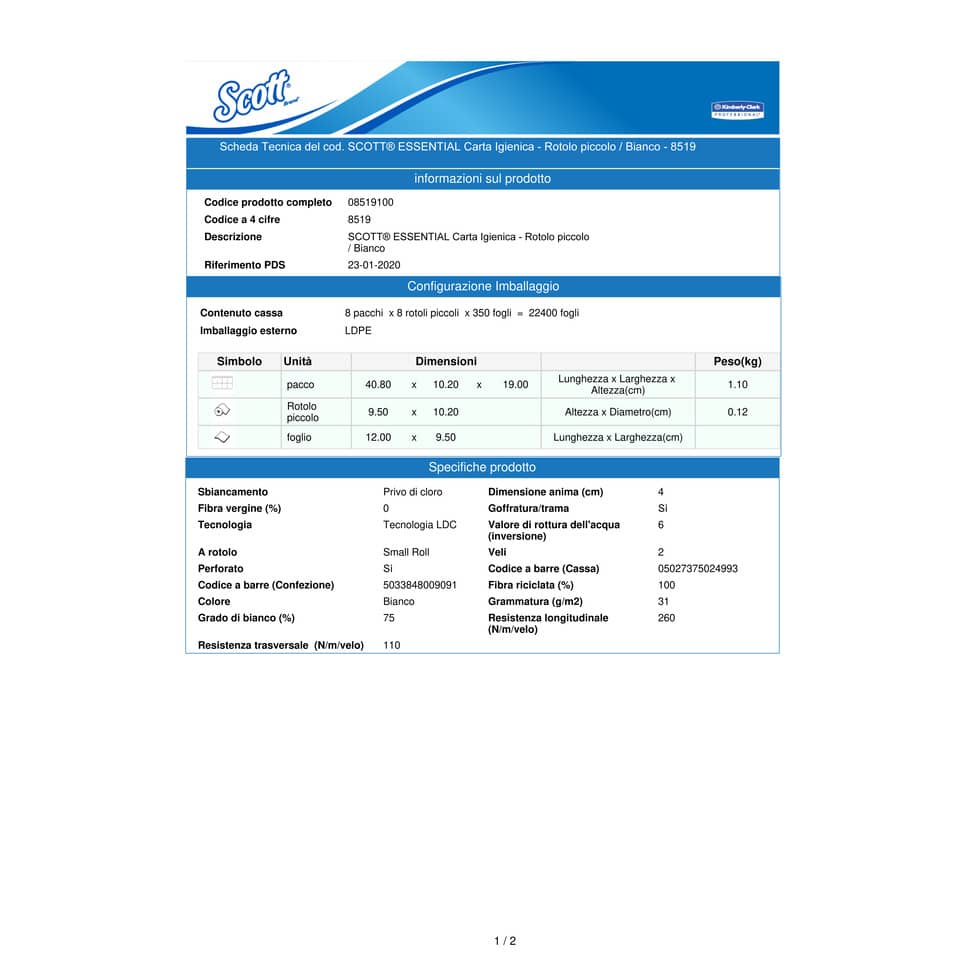 Carta igienica 2 veli SCOTT® 350 in carta a 2 veli 350 strappi bianco pacco da 8 rotoli - 8519