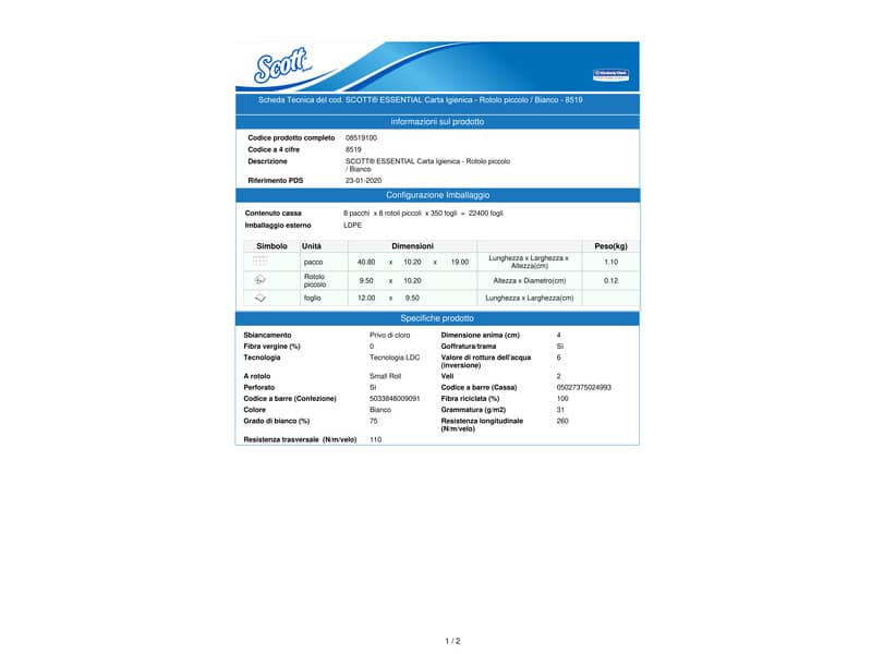 Carta igienica 2 veli SCOTT® 350 in carta a 2 veli 350 strappi bianco pacco da 8 rotoli - 8519