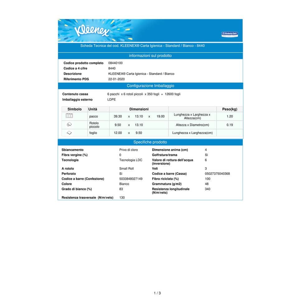 Carta igienica 3 veli KLEENEX® in carta a 3 veli 350 strappi bianco pacco da 6 rotoli - 8440