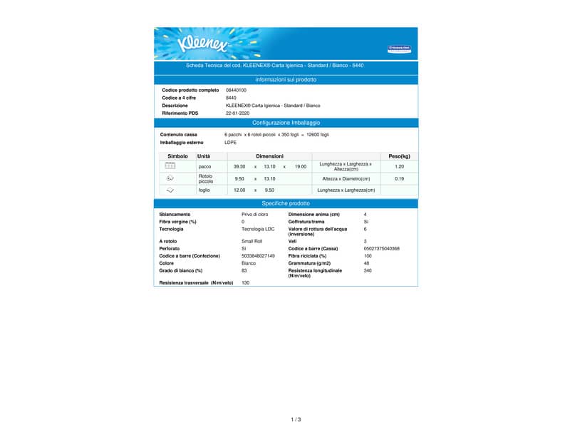 Carta igienica 3 veli KLEENEX® in carta a 3 veli 350 strappi bianco pacco da 6 rotoli - 8440