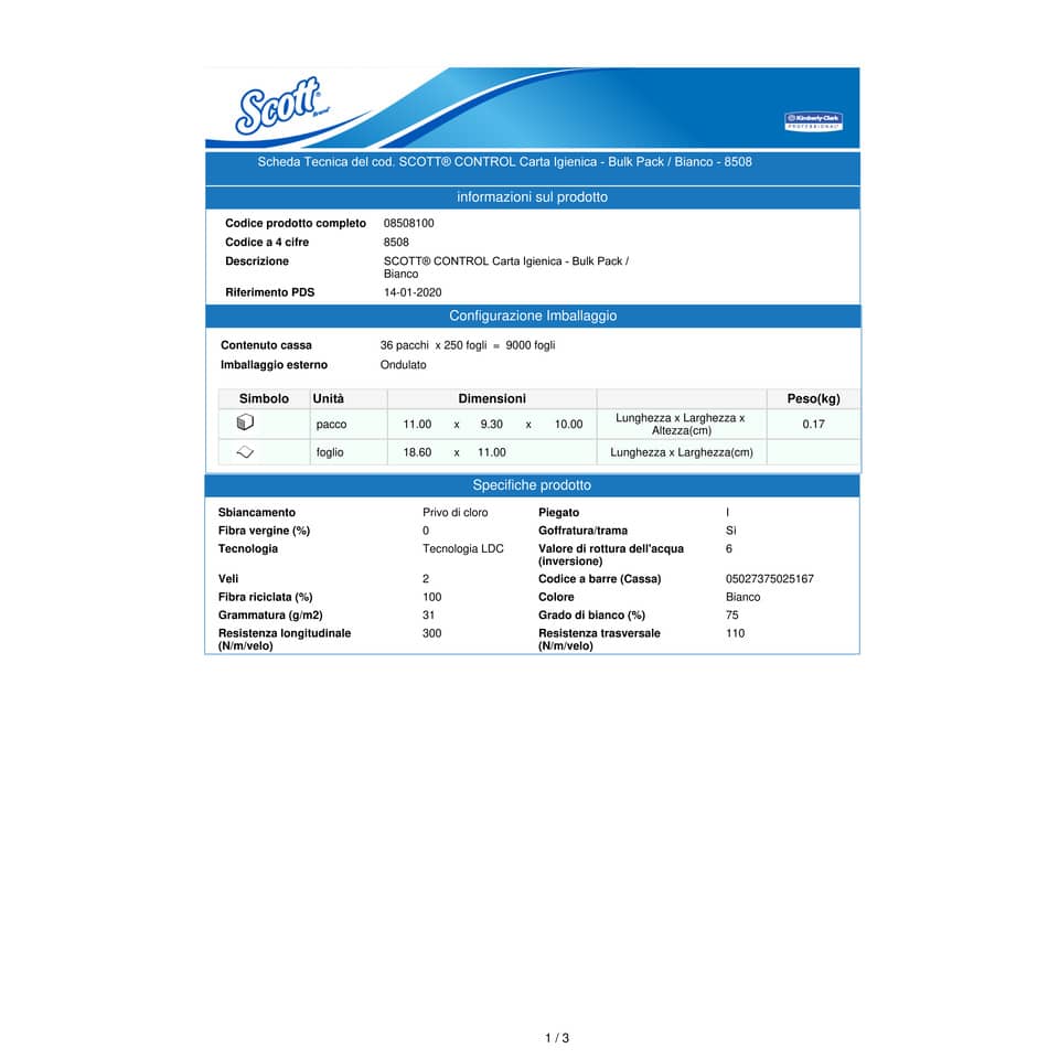 Carta igienica piegata SCOTT® in carta riciclata 250 strappi bianco 36 rotoli - 8508
