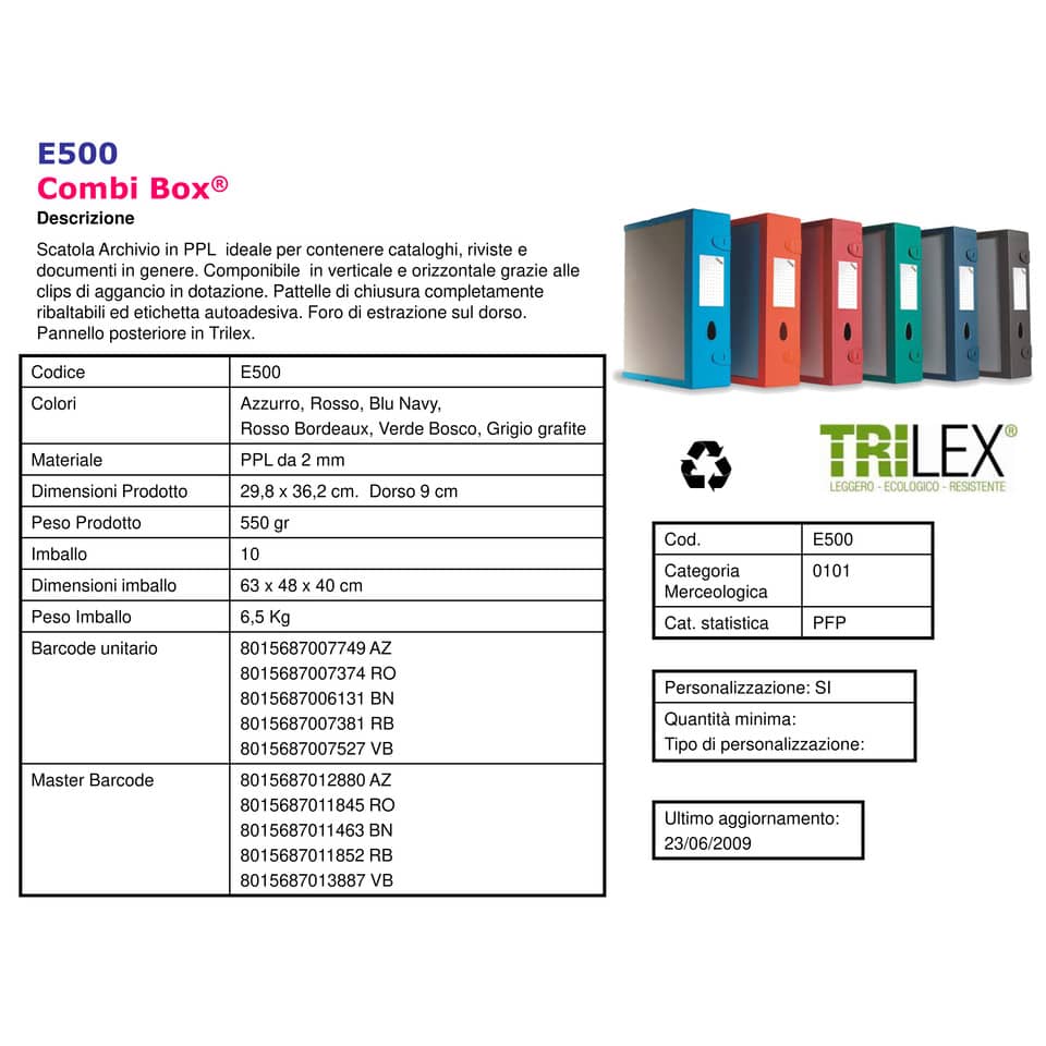 Scatola archivio LEONARDI Combi Box E500 dorso 9 cm azzurro - 29,8x36,2 cm E500AZ