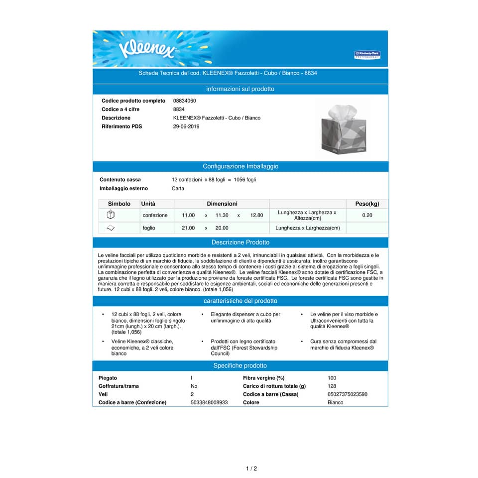 Veline facciali KLEENEX® in carta a 2 veli bianco scatola da 88 fogli - 8834