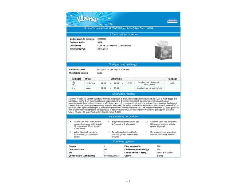 Veline facciali KLEENEX® in carta a 2 veli bianco scatola da 88 fogli - 8834