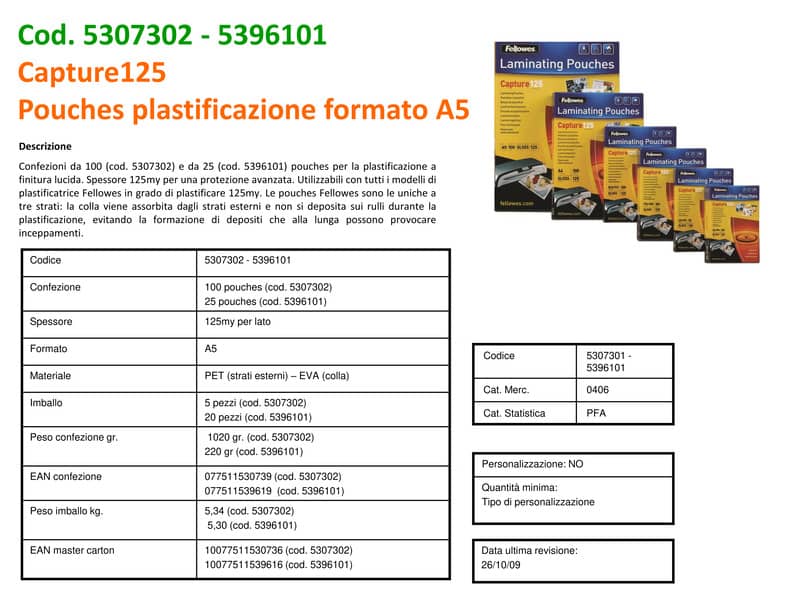 Pouches per plastificatrici Fellowes ImageLast Capture125 finitura lucida - 2x125 µm - A5 - Conf. 100 pezzi  5307302