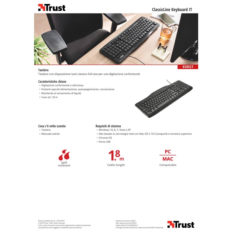 Tastiera con cavo da 1,8 m Trust ClassicLine nero 23670