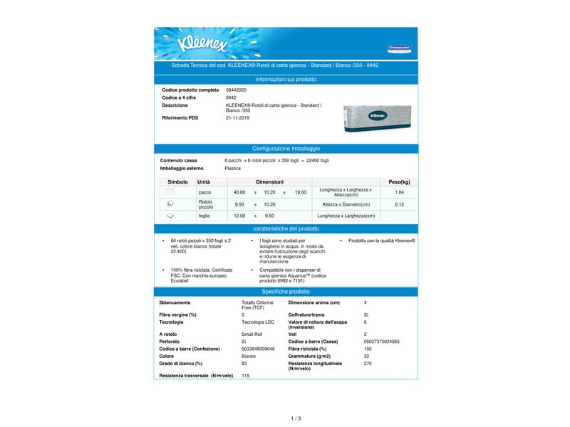 Carta igienica 2 veli KLEENEX® in carta a 2 veli 350 strappi bianco pacco da 8 rotoli - 8442