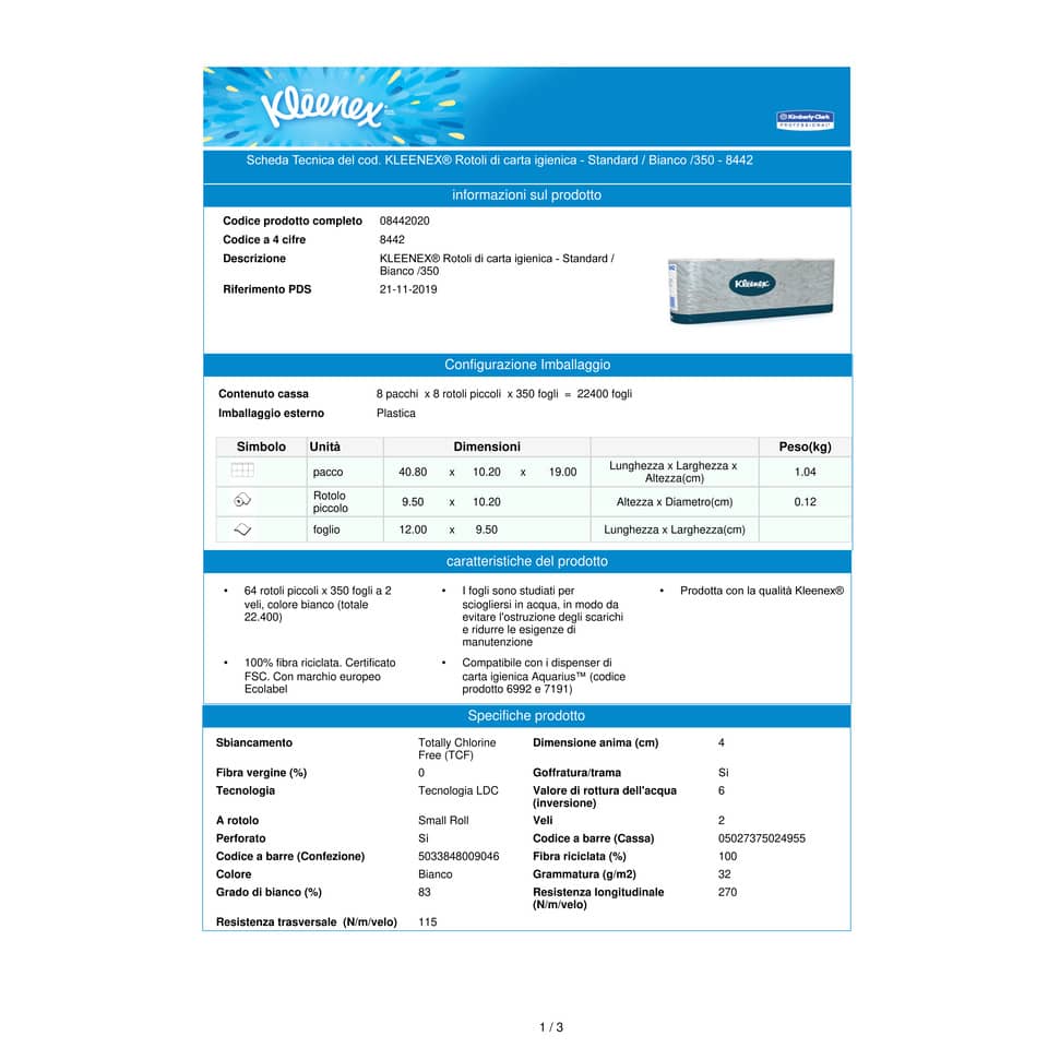 Carta igienica 2 veli KLEENEX® in carta a 2 veli 350 strappi bianco pacco da 8 rotoli - 8442