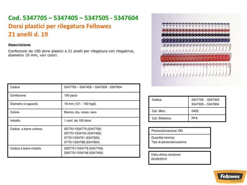 Dorsi plastici FELLOWES bianco ad anello tondo 19 mm -  121-150 fogli conf.100 - 5347405