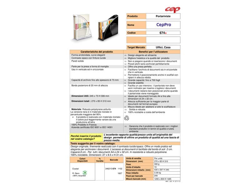 Portariviste CepPro Gloss CEP in polistirolo utilizzabile in formato orizzontale o verticale nero 1006740161
