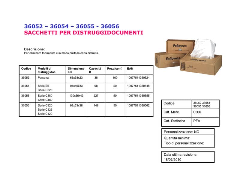 Sacchetti per distruggidocumenti Fellowes capacità fino a 94 lt. Conf. 50 pezzi - 36056