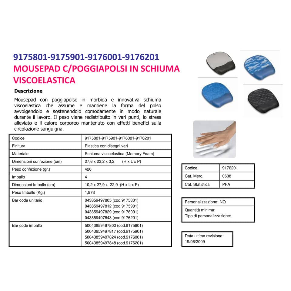 Tappetino mouse con poggiapolsi FELLOWES Memory Foam - argento 27,6x23,2x3,2 cm - 9175801