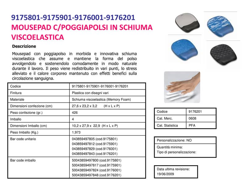 Tappetino mouse con poggiapolsi FELLOWES Memory Foam - argento 27,6x23,2x3,2 cm - 9175801