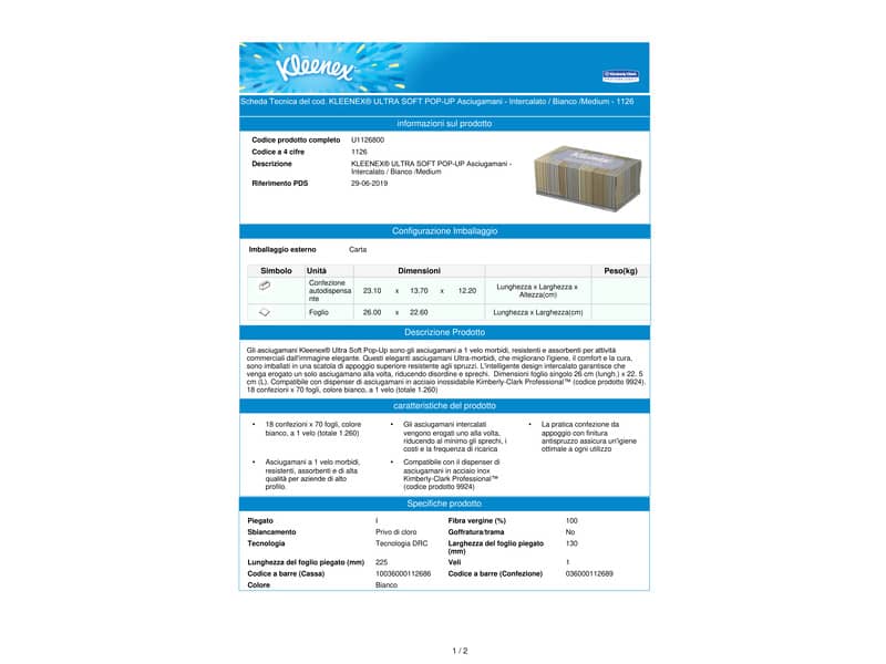Asciugamani intercalati KLEENEX® in carta a 1 velo bianco conf. da 70 ff - 1126