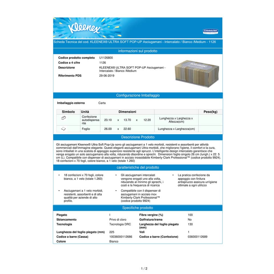 Asciugamani intercalati KLEENEX® in carta a 1 velo bianco conf. da 70 ff - 1126