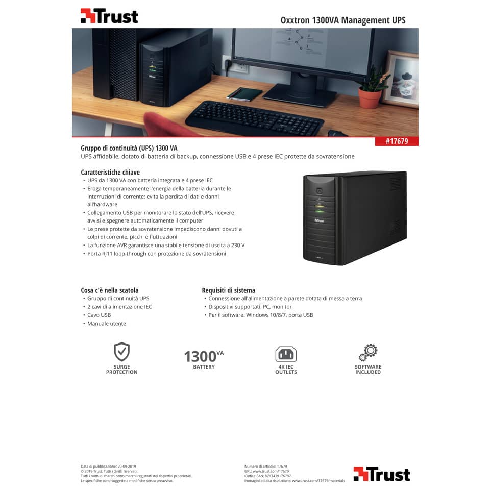 Gruppo di continuità da 1300 VA UPS Trust Oxxtron nero 17679