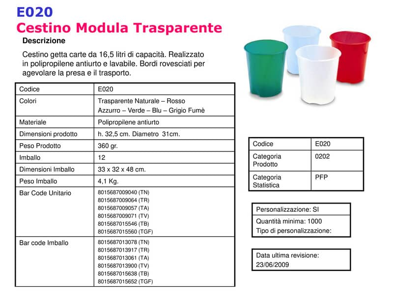 Cestino gettacarte FELLOWES Modula 16.5 l trasparente naturale 32,5x31 ø cm E020TN