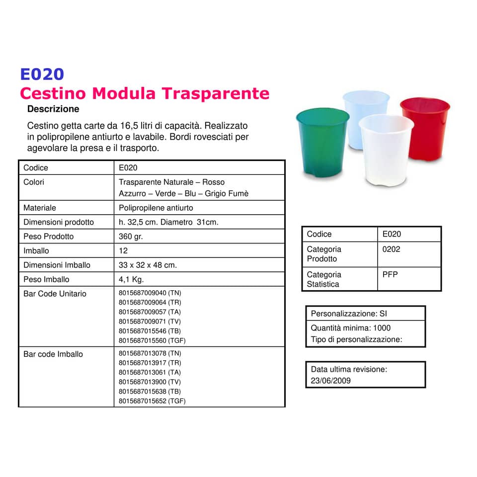 Cestino gettacarte FELLOWES Modula 16.5 l trasparente naturale 32,5x31 ø cm E020TN