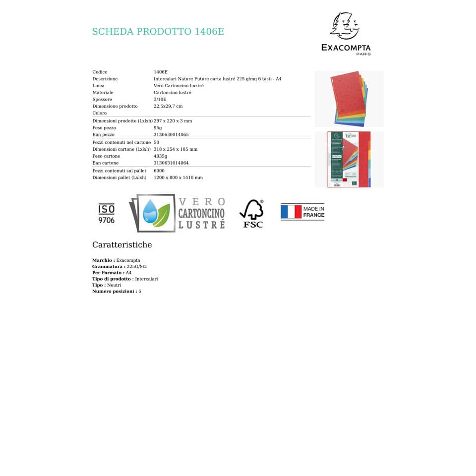 Intercalari in carta Exacompta NATURE FUTURE assortiti carta lustré A4 225 g/m² 6 tasti - 1406E