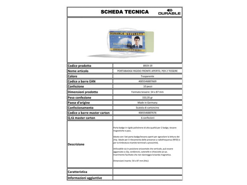 Portabadge DURABLE rigido fronte aperto polistirene trasparente 2 badge 54x87mm conf. 10 - 891919