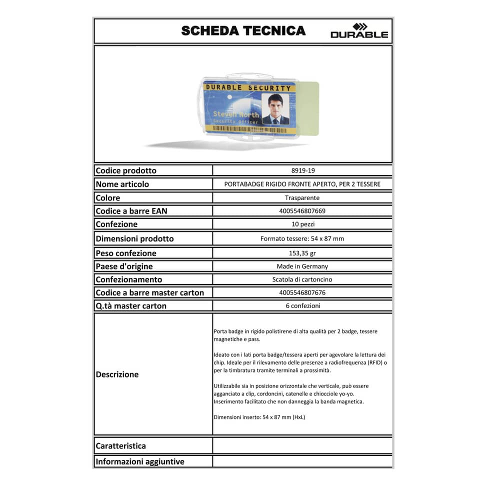 Portabadge DURABLE rigido fronte aperto polistirene trasparente 2 badge 54x87mm conf. 10 - 891919