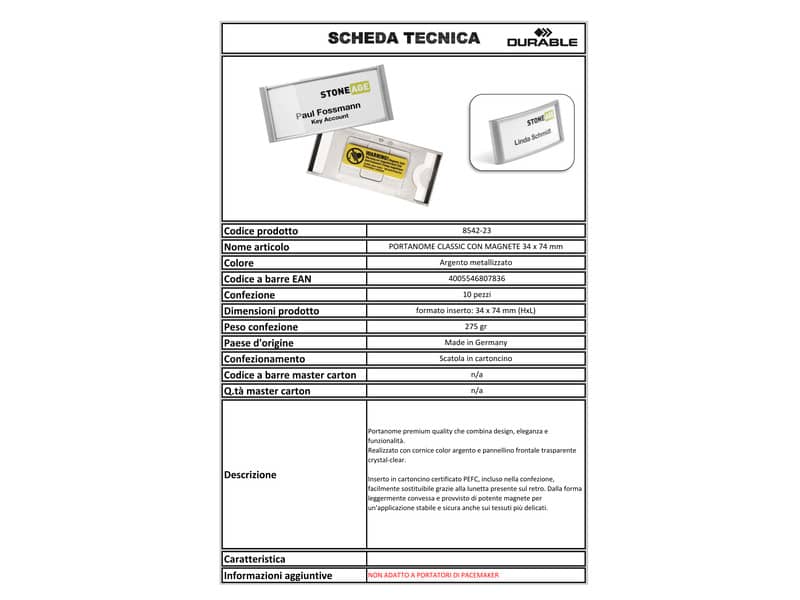 Portanomi DURABLE CLASSIC con magnete argento metallizzato/trasparente inserto 34x74mm  conf. 10 - 854223