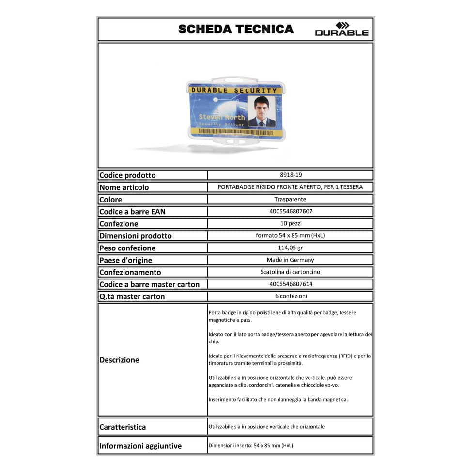 Portabadge DURABLE rigido fronte aperto polistirene trasparente 1 badge 54x87mm conf. 10 - 891819