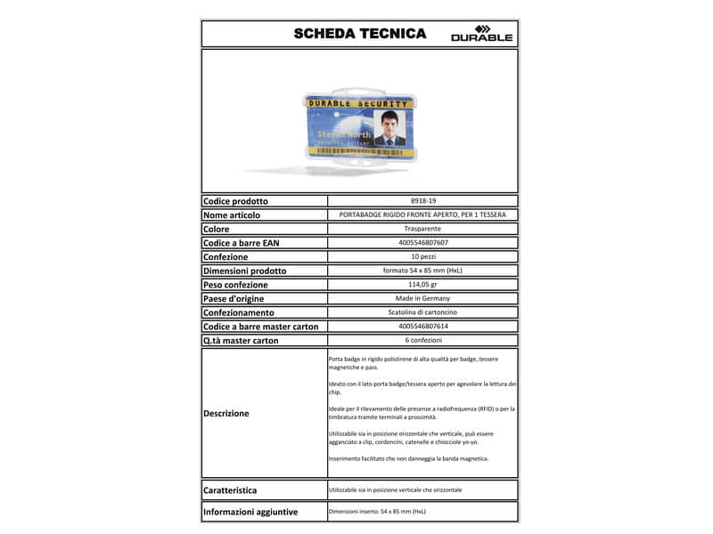Portabadge DURABLE rigido fronte aperto polistirene trasparente 1 badge 54x87mm conf. 10 - 891819