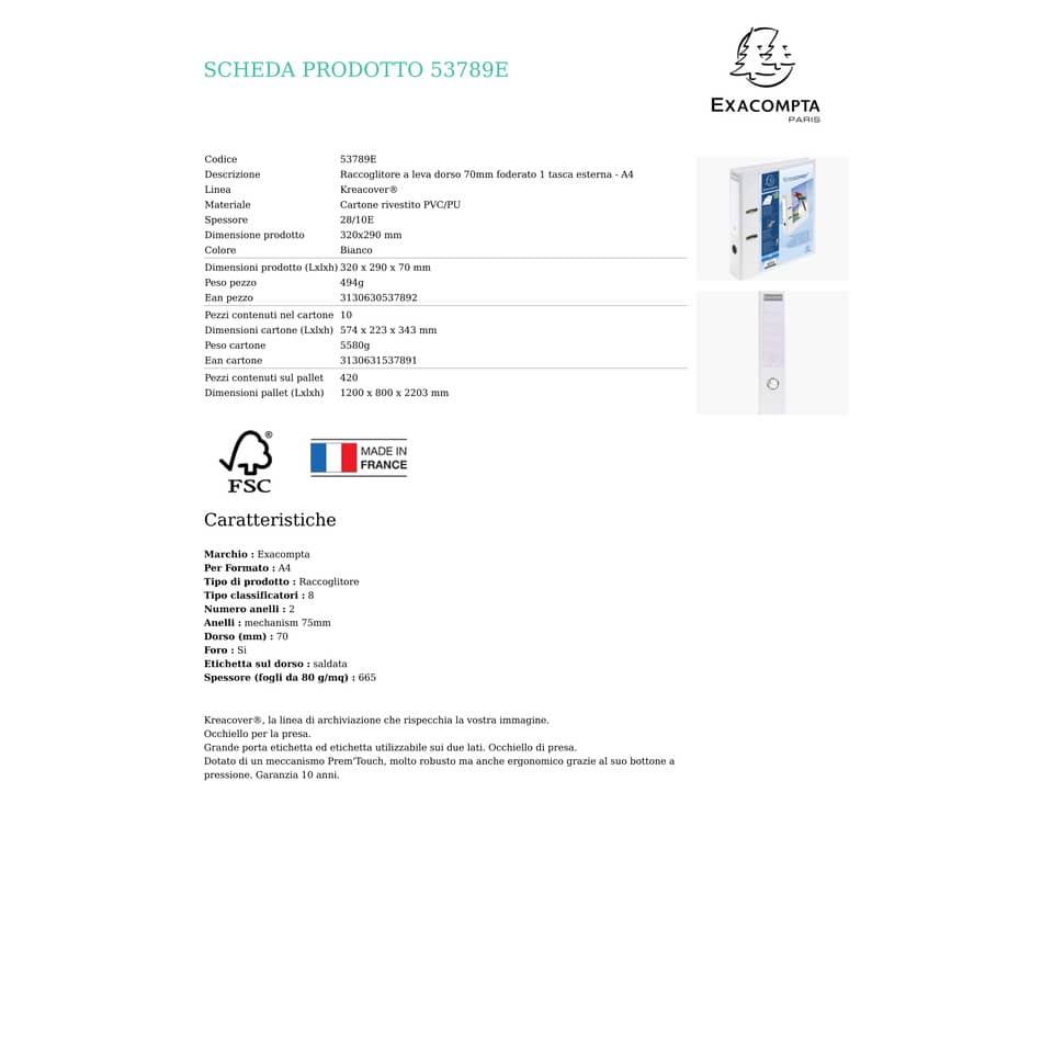 Raccoglitore a leva personalizzabile Exacompta Kreacover® bianco dorso 7 cm 53789E