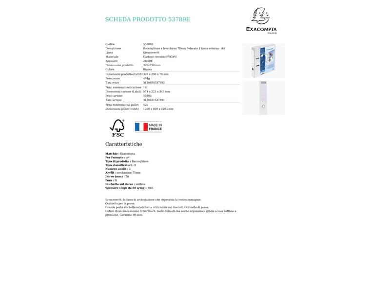 Raccoglitore a leva personalizzabile Exacompta Kreacover® bianco dorso 7 cm 53789E