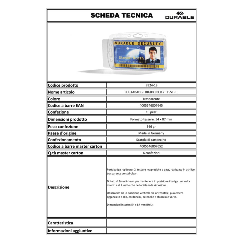 Portabadge rigido DURABLE DUO acrilico trasparente per 2 tessere magnetiche e pass  85x54 mm conf. 10 - 892419