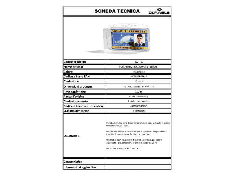 Portabadge rigido DURABLE DUO acrilico trasparente per 2 tessere magnetiche e pass  85x54 mm conf. 10 - 892419