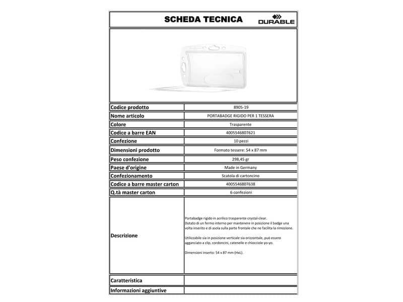 Portabadge Durable 54x85 mm trasparente Conf. 10 pezzi - 890519