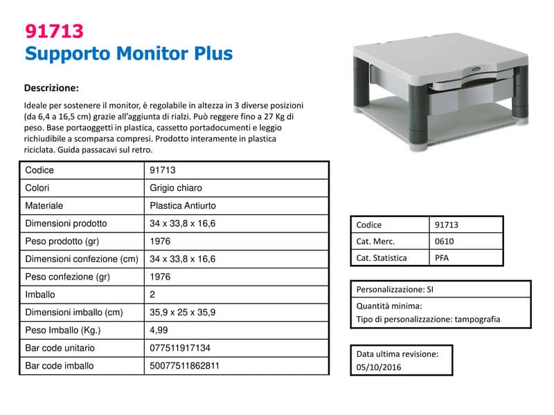 Supporto FELLOWES Premium Plus per monitor plastica riciclata grigio 34,3x33,3x6,4-16,5 cm - 91713